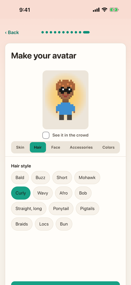 The avatar builder: your pixel avatar pinned on top, with hair, face and accessory options below